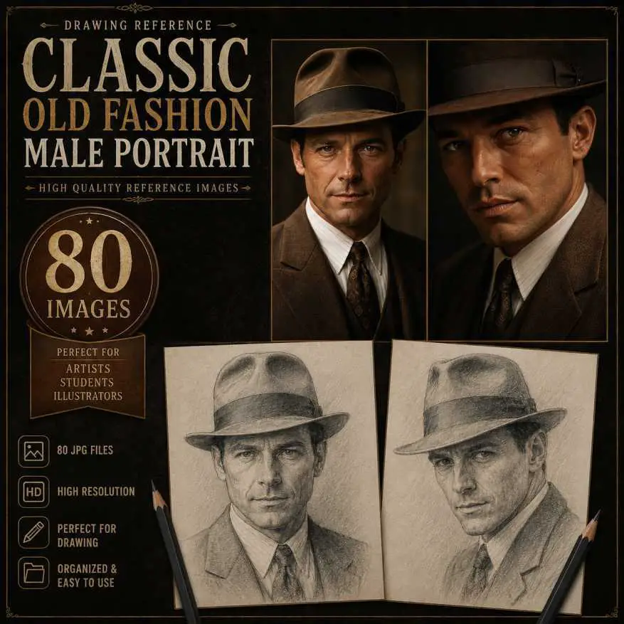 Classic old-fashioned male portrait drawing reference pack with vintage-style portraits