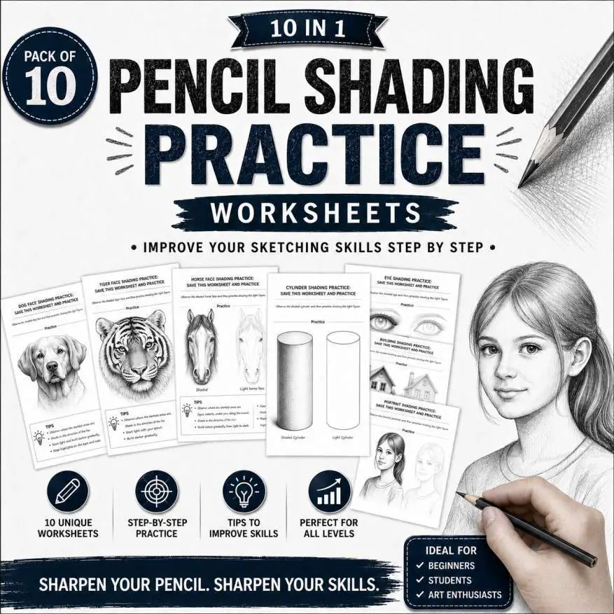 Pencil drawing reference images pack with 10 shading practice worksheets for artists